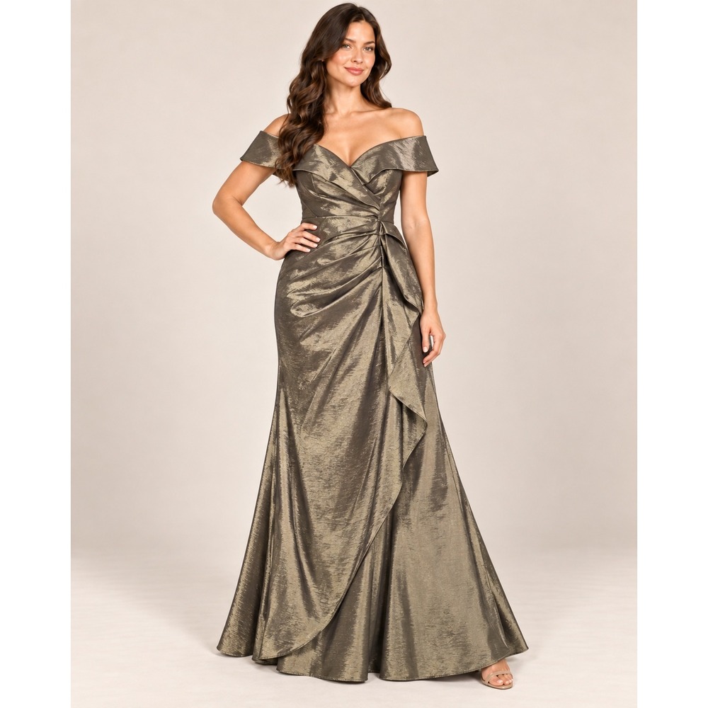 Xscape Women Metallic Bronze Off The Shoulder Ruched Evening Gown Dress Size 4